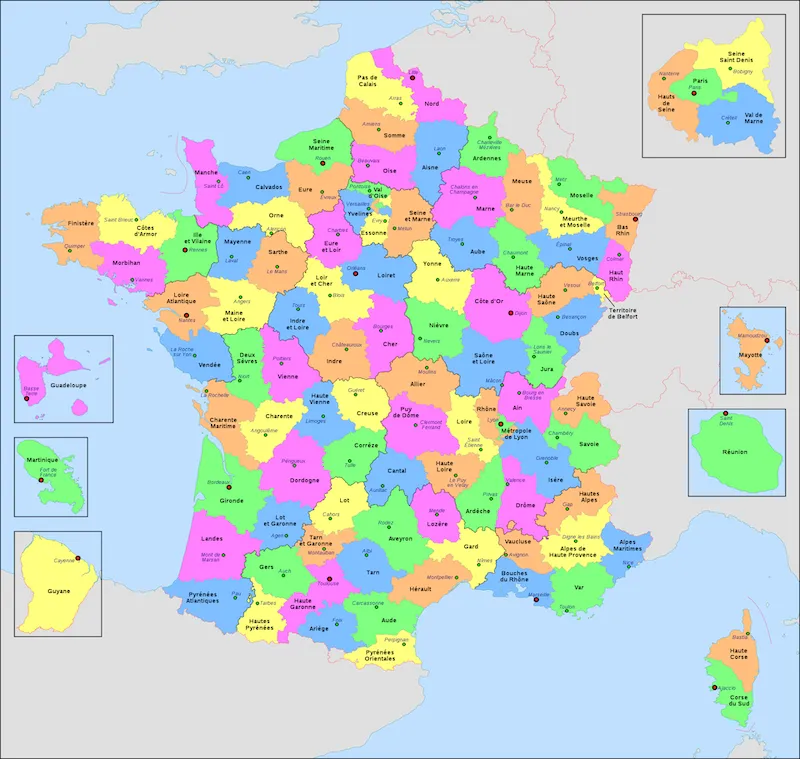 Carte des départements et régions français de métropole