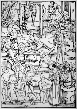 Gravure sur bois montrant des sorciers supliciés, Tengler's Laienspiegel, Mainz, 1508.